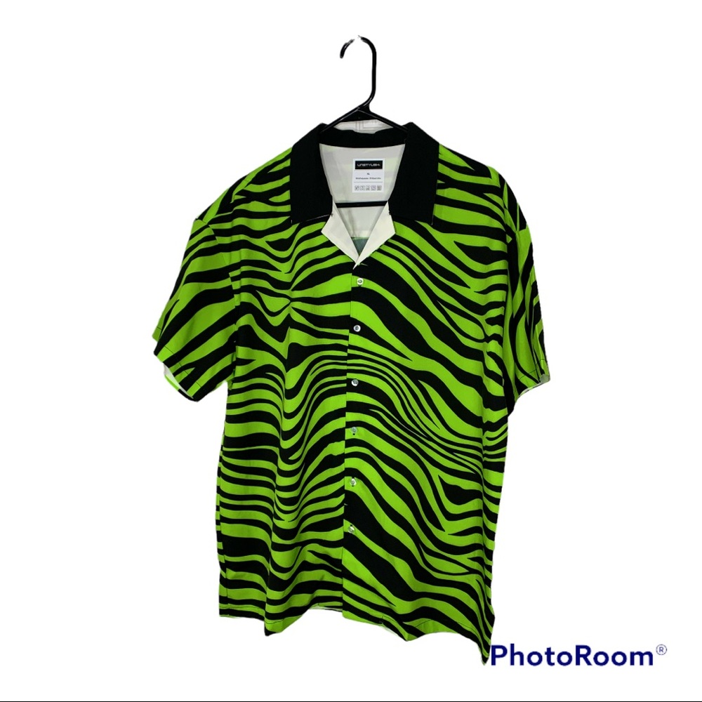 Neon green zebra print Cuban collar Hawaiian shirt mens